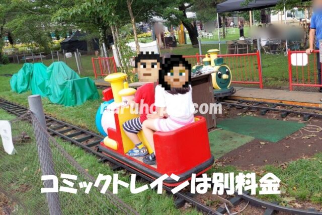 軽井沢アウトレットのキッズパークのコミックトレインに載っている様子の写真